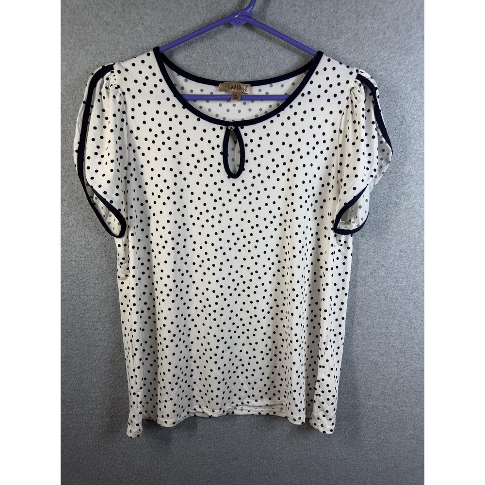Lavish Blouse Womens PL White Polka Dot Flutter Sleeve Keyhole Neck Top